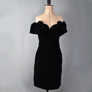 Vintage 1980s 90s Zum Zum rhinestone off the shoulder scallop neckline black velvet dress - 80s 1990s Black velvet cocktail party dress
