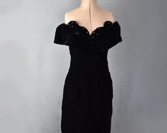 Vintage 1980s 90s Zum Zum rhinestone off the shoulder scallop neckline black velvet dress - 80s 1990s Black velvet cocktail party dress