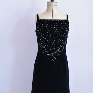 Vintage black velvet pearl sqaure neckline thin strap mini dress - Vintage little black dress dress - Wiggle party cocktail evening dress