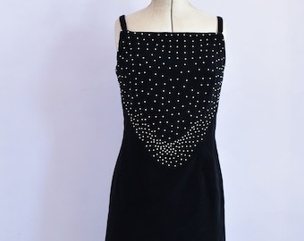 Vintage black velvet pearl sqaure neckline thin strap mini dress - Vintage little black dress dress - Wiggle party cocktail evening dress