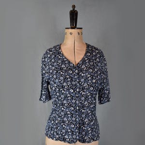 Vintage 1990s blue floral rayon button down short sleeve blouse - 90s vintage floral blouse top - 90s ditsy floral patterned blouse shirt