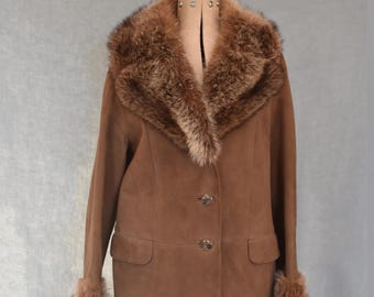 Vintage bruine suède jas met bontkraag en manchetten uit de jaren 70 - Leren trenchcoat uit de jaren 70 Afghan Penny Lane
