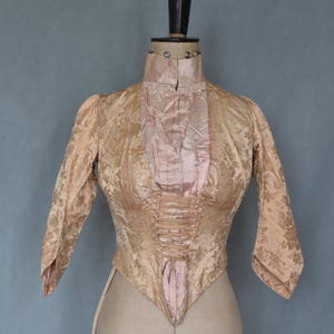Antique Victorian 1800 1900s pink corseted silk damask floral jacket bodice - Belle Epoque brocade blouse top - period collectors costume