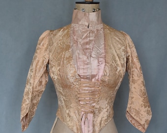 Antikes viktorianisches 1800 1900s rosa korsettiertes Seidedamastblumenjacken-Mieder - Belle Epoque Brokatbluse oben - Periodensammlerkostüm