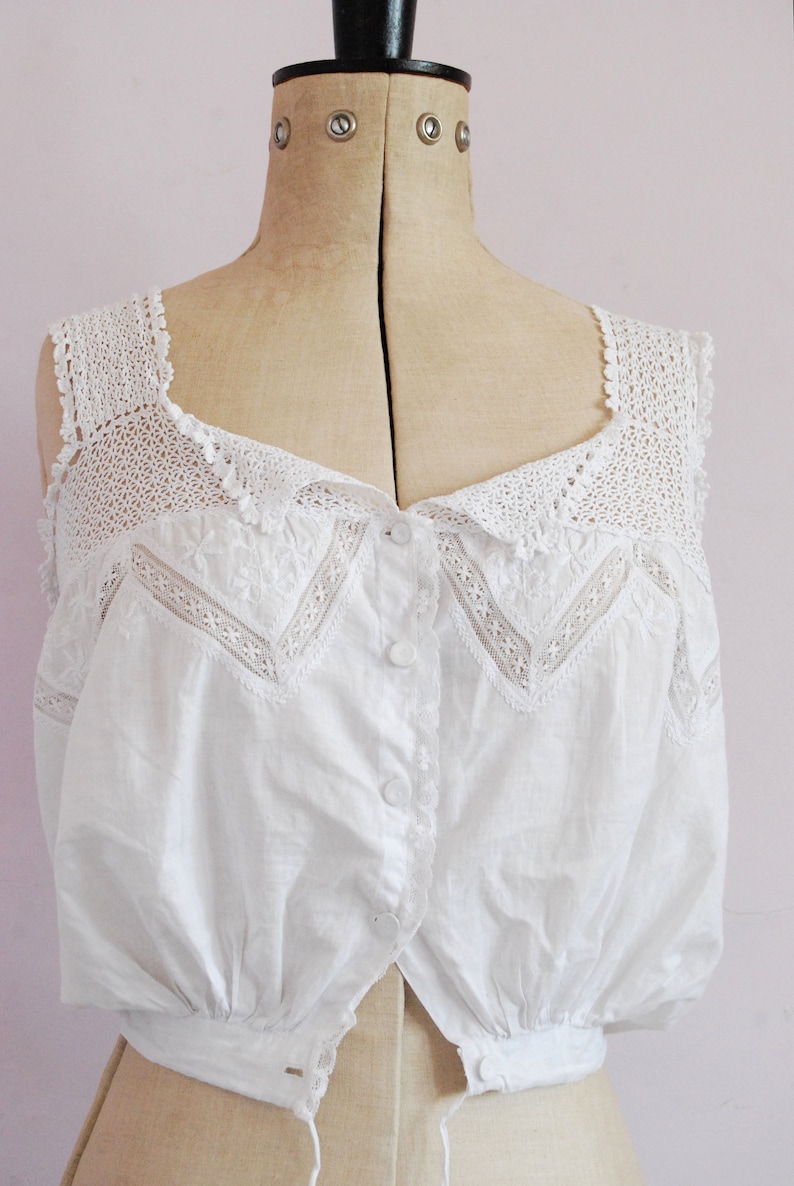 Edwardian cotton corset cover camisole lingerie Vintage Antique Victorian embroidered crochet lace corset cover Peasant top blouse