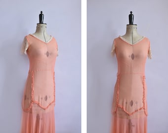 Vintage 1930s peach silk chiffon lace ruffle sheer dress & slip - 30s silk chiffon dress - 30s silk dress - 30s gown - 30s bias cut dress