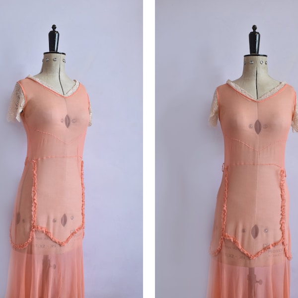 Vintage 1930s peach silk chiffon lace ruffle sheer dress & slip - 30s silk chiffon dress - 30s silk dress - 30s gown - 30s bias cut dress