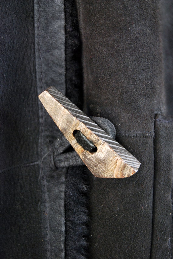 Vintage black sheepskin shearling suede long wood… - image 5