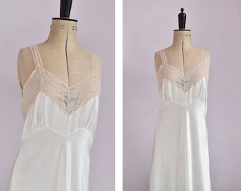 Vintage 1930s 40s Fischer white lace and rayon nightgown slip - 30s 40s lace and silk slip gown negligee - Bride bridal wedding lingerie