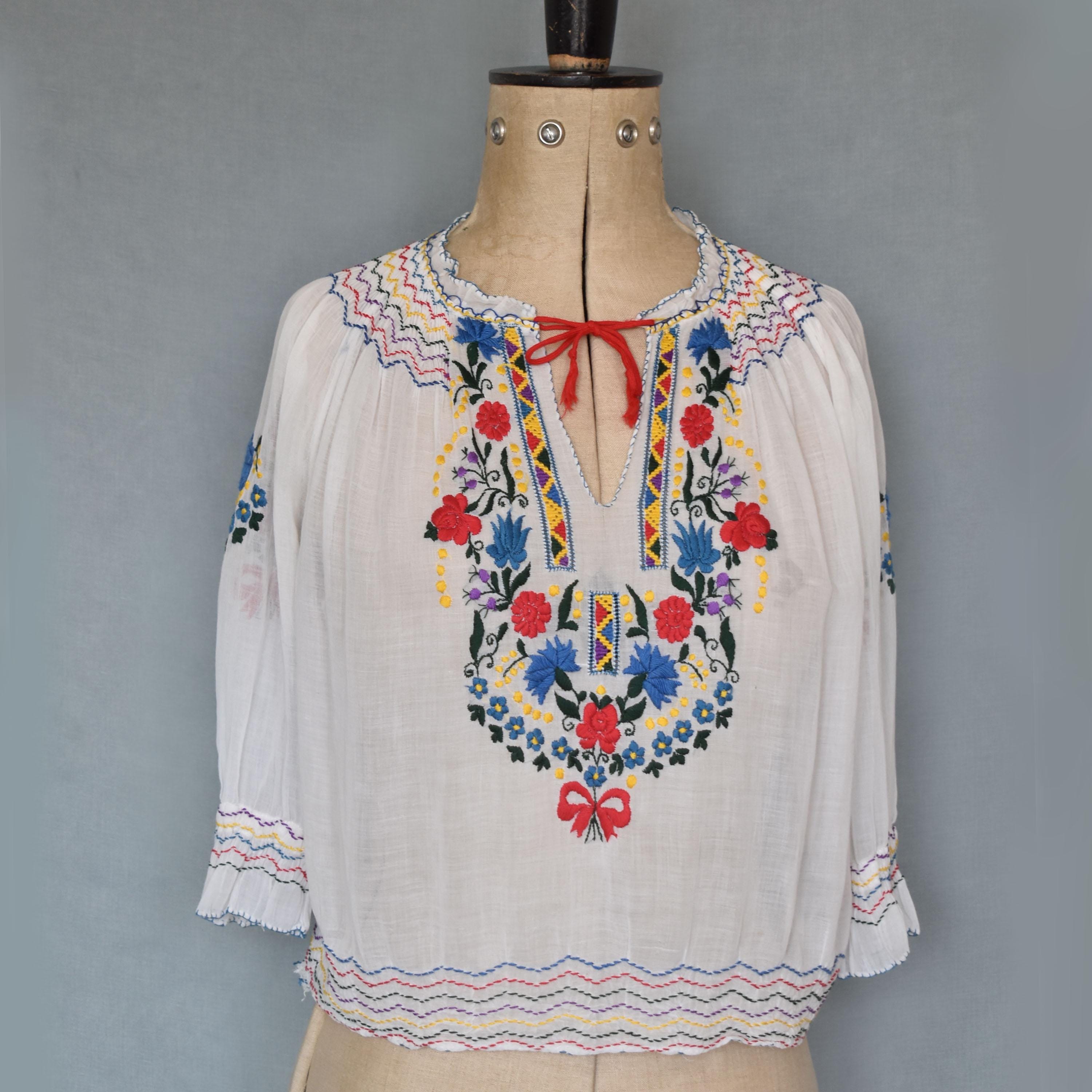 Vintage 1930s Hungarian Embroidered Floral Sheer Cotton Gauze