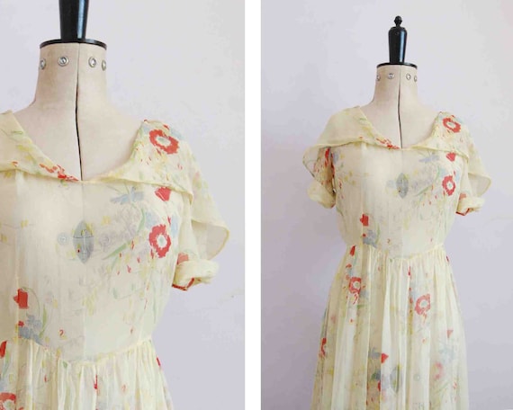 Vintage 1930s silk chiffon sheer yellow floral col