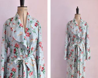 Vintage 1940s 50s Demco rayon blue floral wrap robe jacket duster coat dressing gown house coat