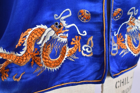 Vintage 1920s 1930s embroidered dragon blue silk … - image 6