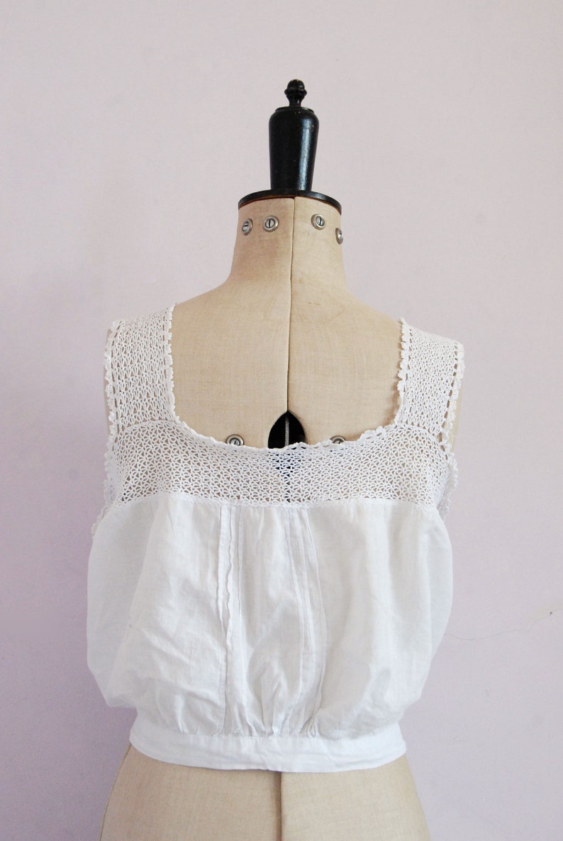 Edwardian cotton corset cover camisole lingerie Vintage Antique Victorian embroidered crochet lace corset cover Peasant top blouse