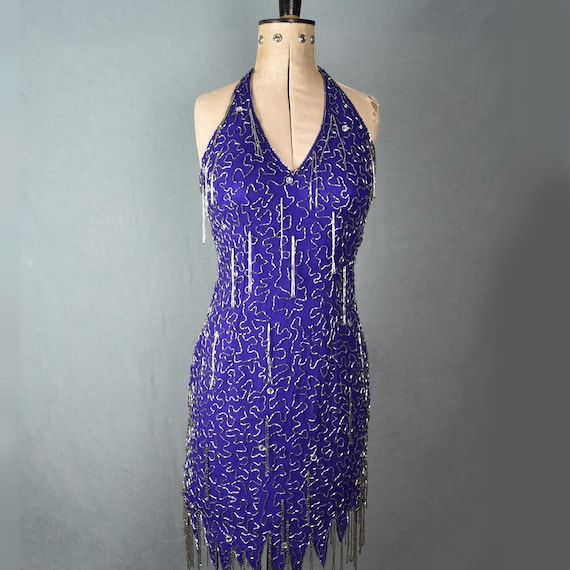 Vintage 1980s - 90s Nite Purple & Silver Beaded Fringe Showgirl Halter Neck  Mini Body Con Tassle Dress - Beaded Party Flapper NYE Dress - Etsy Israel