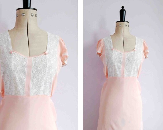 M L Vintage 1930s Lingerie 30s Silk and Lace Slip Pink