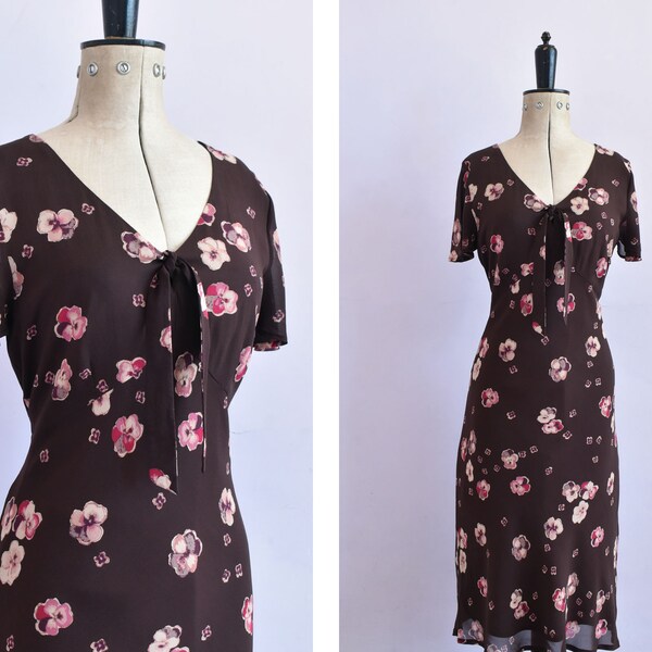 Vintage 1990s Laura Ashley silk brown pansy floral bias cut slip dress - 90s silk floral dress - Silk bias dress - 30s 90s floral silk dress