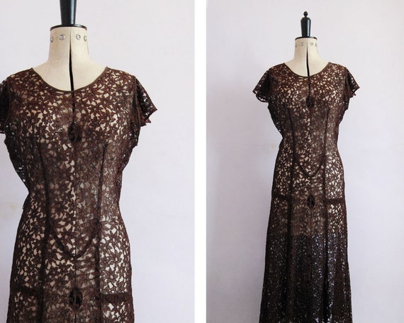 Vintage 1930s Chocolate brown floral lace bias cut