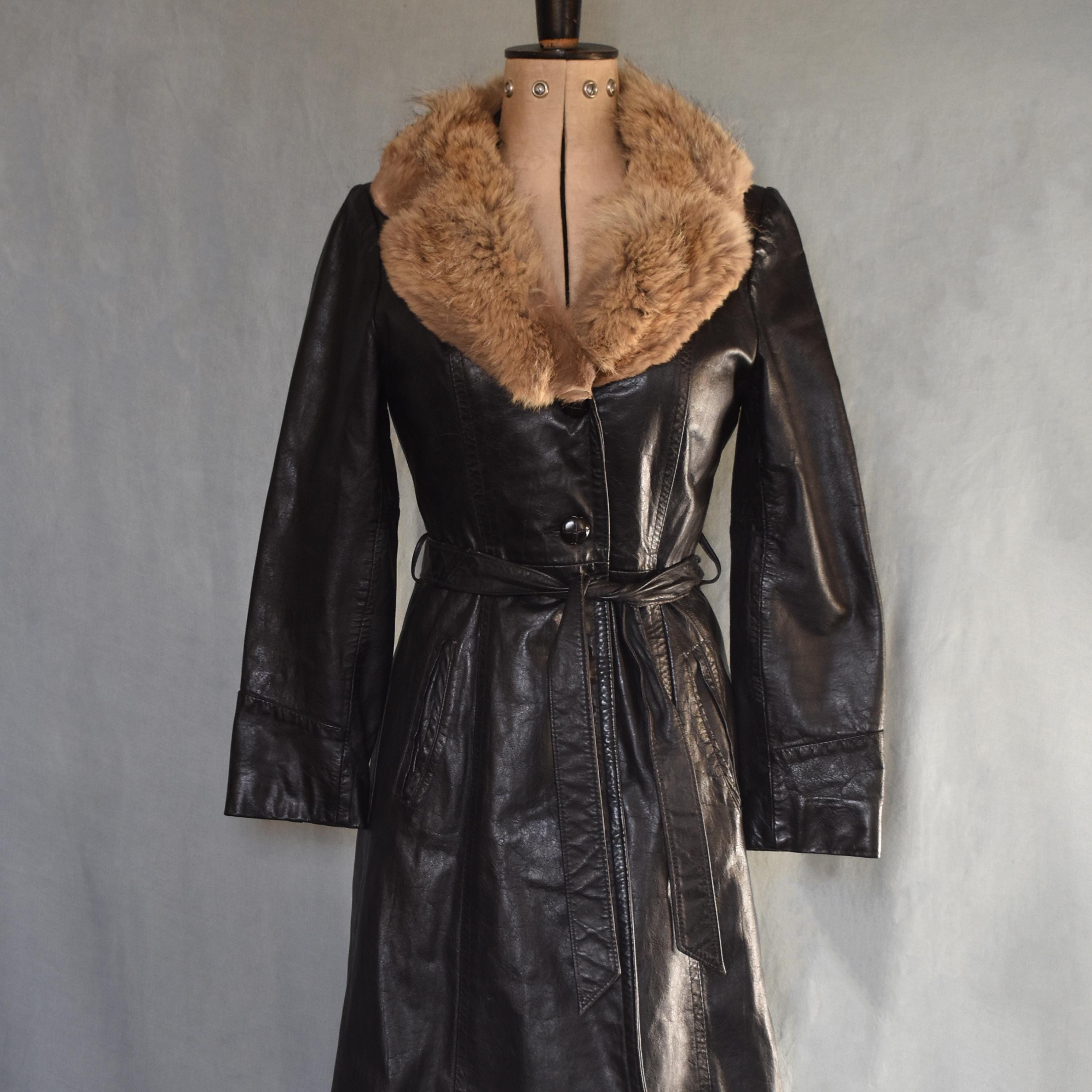 Vintage 1970s Fur Collar Black Leather Belted Trench Coat Jacket