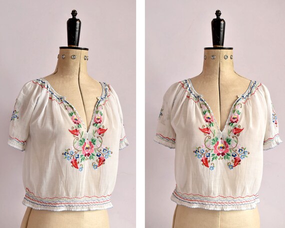 Vintage 1930s Hungarian embroidered floral sheer … - image 1