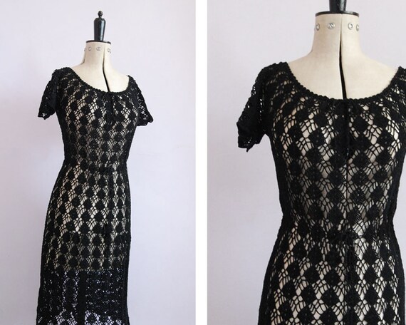 Vintage 1970s Crochet black cotton sheer midi dres