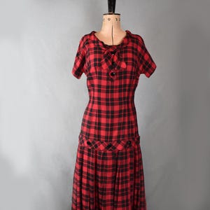 Vintage 1950s red & black tartan wool drop waist bow button day dress - 50s check plaid gingham dress - 50s fit and flare full skirt dress