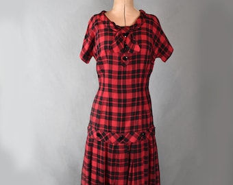 Vintage 1950s red & black tartan wool drop waist bow button day dress - 50s check plaid gingham dress - 50s fit and flare full skirt dress