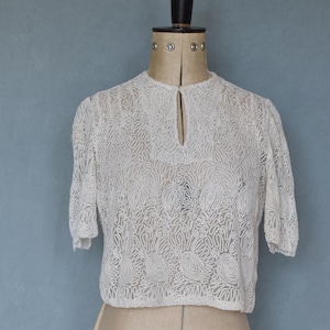 Vintage 1930s soutache embroidered tulle net lace blouse shirt top - 30s lace blouse - 30s cotton blouse - 30s blouse