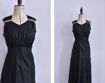 Vintage 1930s 40s Marie Jose rhinestone black taffeta tiered formal evening gown cocktail party slip dress - 30s 40s Hollywood art deco