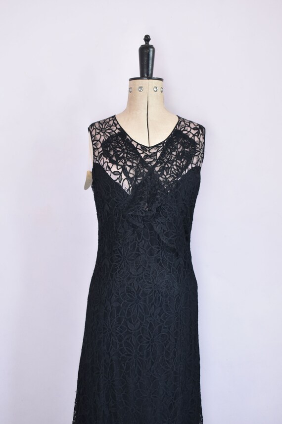 Vintage 1930s Black floral lace ruffle bias cut gown unworn with tags intact! 30s Black lace gown - 30s Black lace dress - 30s lace dress