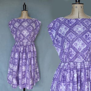 Vintage 1950s purple floral square print cotton dress - 50s mid century dress - 50s fit and flare dress - 50s novelty print full skirt dress