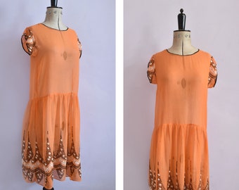 Antique 1920s orange embroidered floral sheer cotton gauze dress - 1920s cotton dress - Great Gatsby dress - Flapper dress - folk peasant