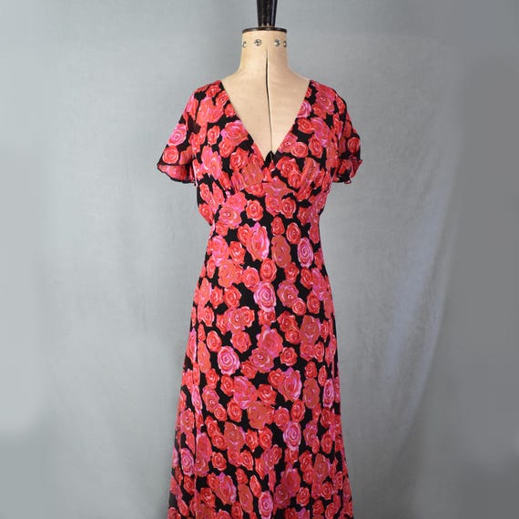 Vintage 1990s Betsey Johnson Black & Pink Rose Floral Print Sheer Rayon Crepe Chiffon Wrap Bias Cut Flutter Sleeve Dress - 90s Floral Slip - Etsy Vintage 1990s Betsey Johnson Black & Pink Rose Floral Print Sheer Rayon Crepe Chiffon Wrap Bias Cut Flutter Sleeve Dress - 90s Floral Slip - Etsy