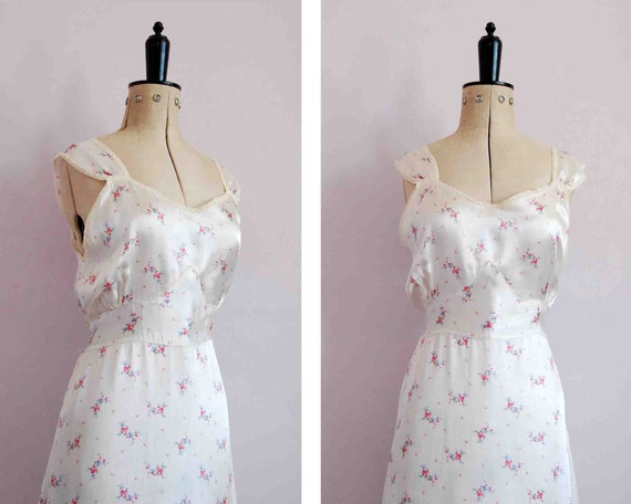 Vintage 1940s white floral bias cut satin slip dre