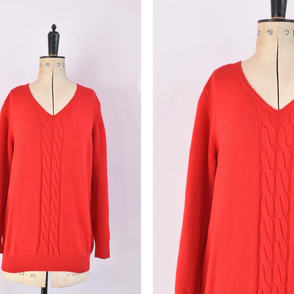 Vintage 1990s United Colors of Benetton red lambswool cable knit v neck sweater jumper - Red wool knit sweater pullover knitwear