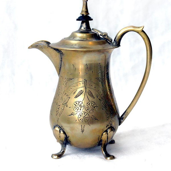 Vintage Eales EPNS 1779 Etched Silverplate Footed Small Pitcher or Mini Coffeepot w/ Hinged Lid