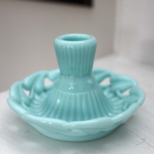 Authentic Aqua Blue Fostoria Milk Glass Candle Holder - Betsy Ross Pattern