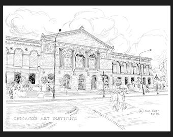 May include: A black and white line drawing of the Art Institute of Chicago, with the text "CHICAGO'S ART INSTITUTE" at the bottom of the image. The drawing shows the front of the building with two lions in front of the entrance. There are people walking in front of the building.