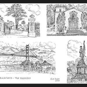May include: Black and white line drawing illustration of four different scenes from the Presidio in San Francisco, California. The top left image shows the entrance to the Presidio. The top right image shows a building with a door and a window. The bottom left image shows the Golden Gate Bridge. The bottom right image shows a statue of a soldier holding a flag.