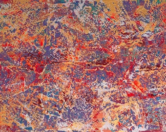 Puede incluir: Una pintura abstracta que presenta una composición densa y en capas de colores vibrantes, incluyendo violeta intenso, rojo brillante, oro metálico y blanco. La superficie muestra una aplicación de pintura espesa y texturizada con patrones arremolinados.