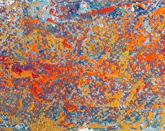May include: A rectangular abstract painting featuring a dense, layered application of thick paint. The composition displays a vibrant mix of orange, gold, deep blue, red, and white hues, with a textured, impasto surface created by visible brushstrokes.