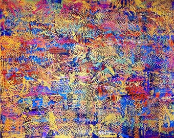 May include: An abstract painting featuring a dense, textured application of paint in vibrant shades of gold, royal blue, magenta, and bright red. The surface displays a complex, layered composition with visible brushstrokes and impasto techniques.
