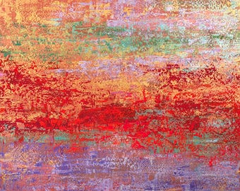 May include: An abstract painting featuring horizontal layers of color. The composition displays a vibrant palette of bright red, deep orange, soft lavender, and muted green tones, applied with a textured, layered technique across the surface.