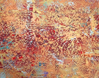 May include: A rectangular abstract painting featuring a heavily textured surface with a layered color palette of metallic gold, deep crimson red, bright orange, and small accents of turquoise blue and white, applied in a dense, chaotic impasto style.