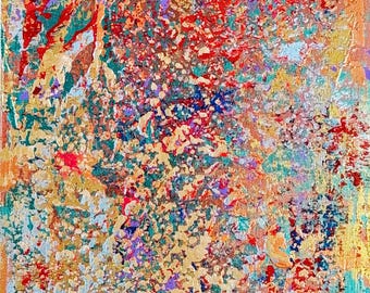 Puede incluir: Una pintura abstracta sobre lienzo que presenta una aplicación densa y texturizada de pintura. La composición muestra una mezcla vibrante de tonos oro, verde azulado, rojo, morado y naranja, con pinceladas en capas que crean una superficie compleja.