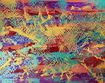 May include: An abstract painting featuring a vibrant color palette of deep red, bright turquoise, royal blue, and purple. The composition is layered with thick, textured strokes of metallic gold paint applied in a horizontal, sweeping motion.