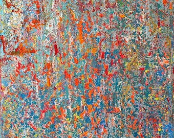May include: An abstract painting featuring a dense, layered composition of vibrant orange, bright red, and yellow paint splatters set against a deep teal and cool gray background, with a heavily textured surface created by thick, impasto brushstrokes.