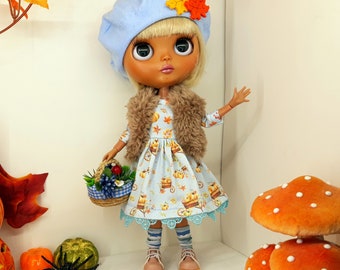 Blythe autumn outfit Blythe clothing set Blythe beret vest dress socks and basket