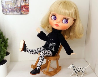 Blythe black and white clothes set Blythe black sweater with embroidered dandelion  Blythe dalmatian print tights