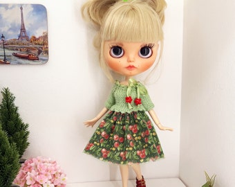 Blythe green knitted dress, Blythe dress with cherries, Blythe light dress with double skirt Blythe summer dress green tulle